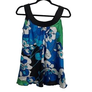 AB Studio Women's Satin Blue Floral Sleeveless Round Neck Blouse Top Size Small